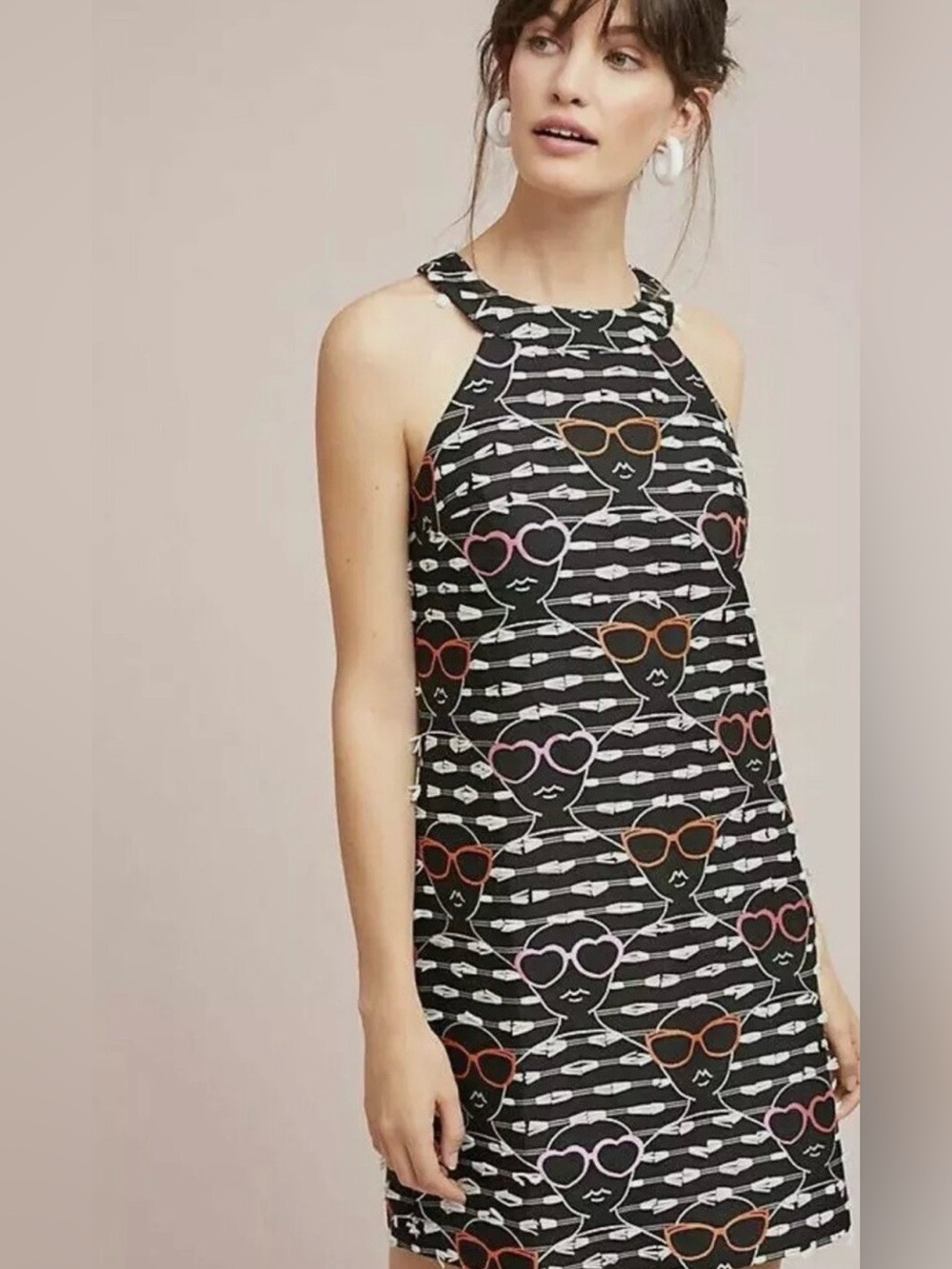 NWT Hutch Anthropologie Halter Shift Dress Black Novelty Sunglasses Print Small
